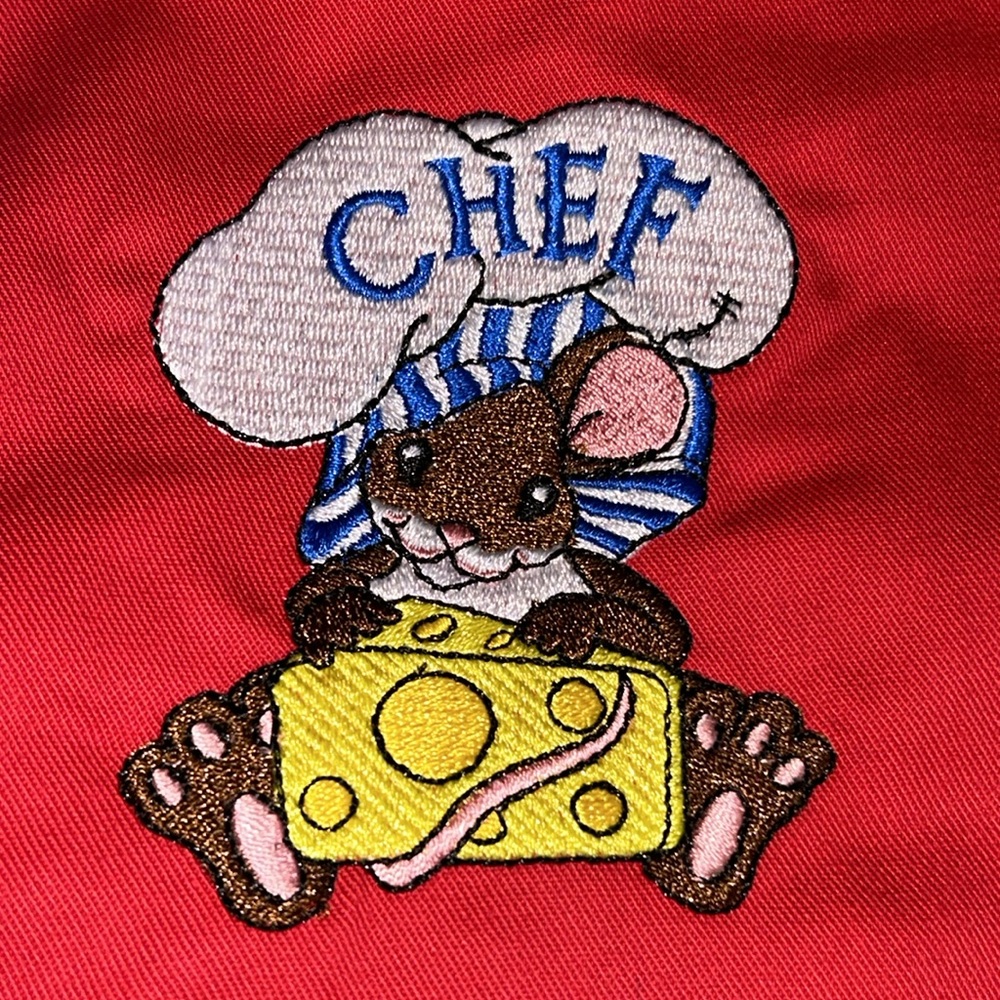 Adorable bright red apron with Chef Mouse embroidered on front drawstring ties